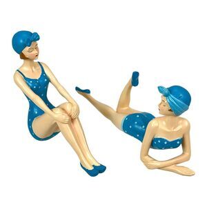 Set 2 Beach Beauties Figurines Aegean Blue Polka Dot Pinup Home Decor Gift